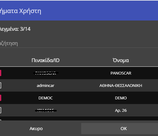 Επιλογή οχημάτων χρήστη